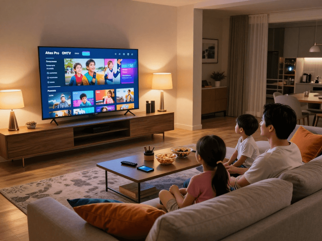 Une famille profitant d'Atlas pro ontv sur grand écran, soirée cinéma chaleureuse dans le salon