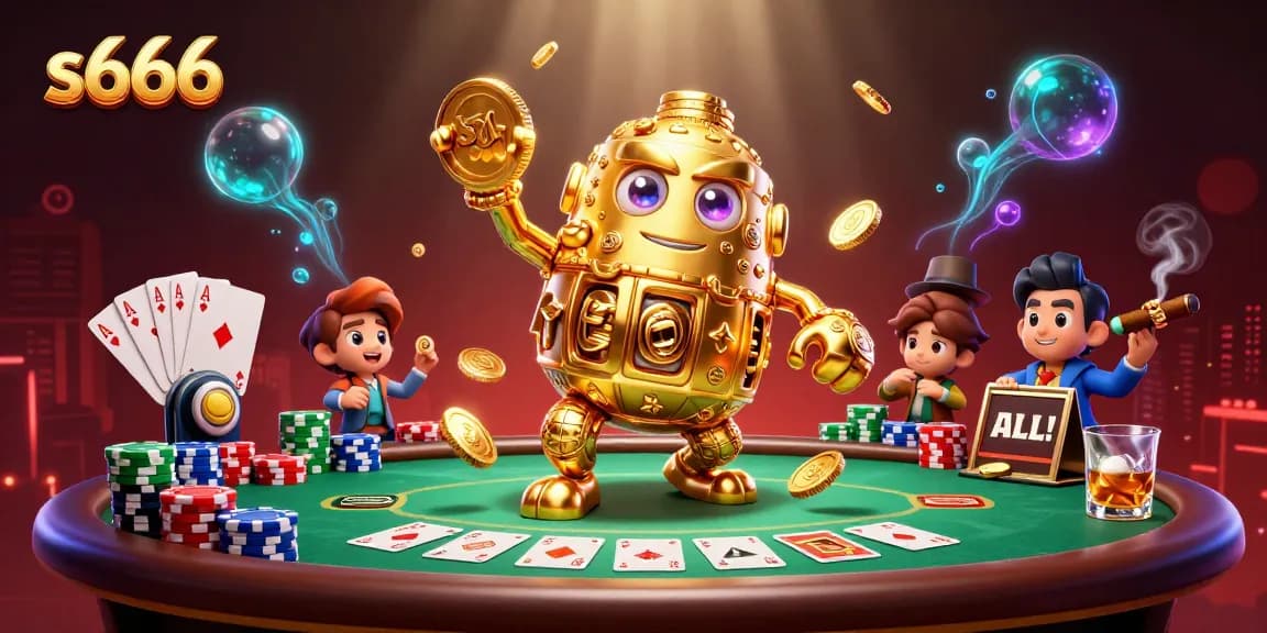 Experience thrilling gameplay at s666 with a golden golem and vibrant poker elements in a dynamic scene.