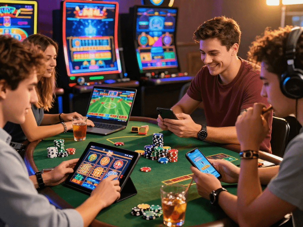 Scène de casino en ligne France : jeunes adultes jouant à des jeux de casino numériques sur leurs appareils, ambiance festive et dynamique.