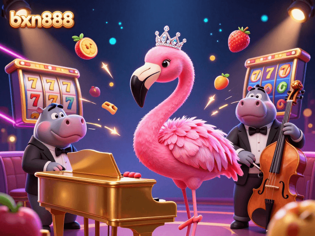 Experience thrilling jackpots with bxn888's vibrant casino scene featuring slot reels and lively characters!