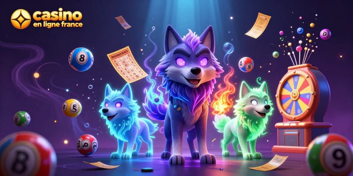 Rendez-vous dans le monde des jeux avec casino en ligne france et un leader loup spectral entouré de balles de loterie colorées.