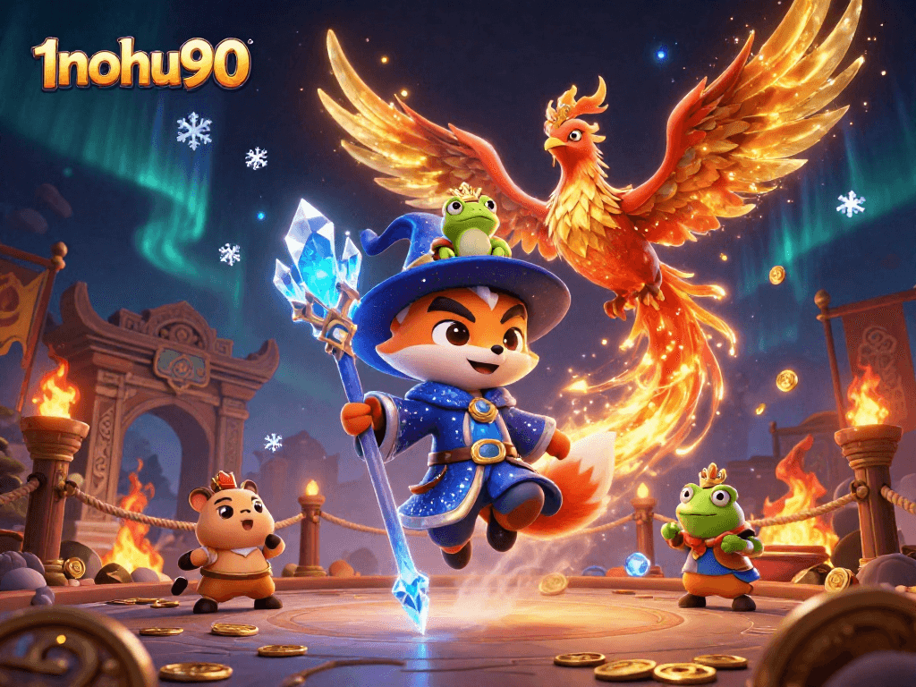 Engage in thrilling gameplay at 1nohu90, as vibrant characters and golden tokens define this rich casino scene.
